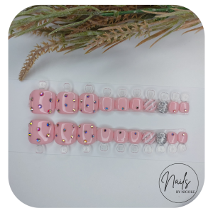 Luxury Press On Nails – Toes Pink, Gems & Sparkles Set – 20 Piece