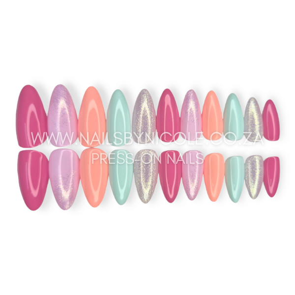 Luxury Press On Nails Set 20pc – Medium Almond – Pink, Coral & Pink