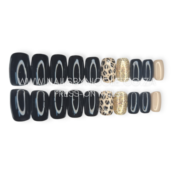 Luxury Press On Nails Set 20pc – Medium Square – Black Leopard Print