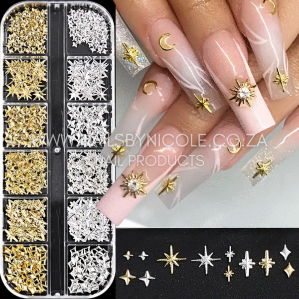 Nail Decoration Tray – 3D Gold & Silver Stars
