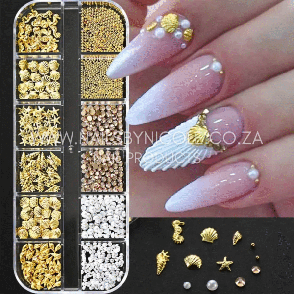 Nail Decoration Tray – Gold Ocean Charms & Pearls